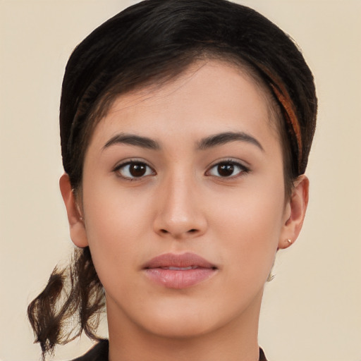 Neutral white young-adult female with short  brown hair and brown eyes