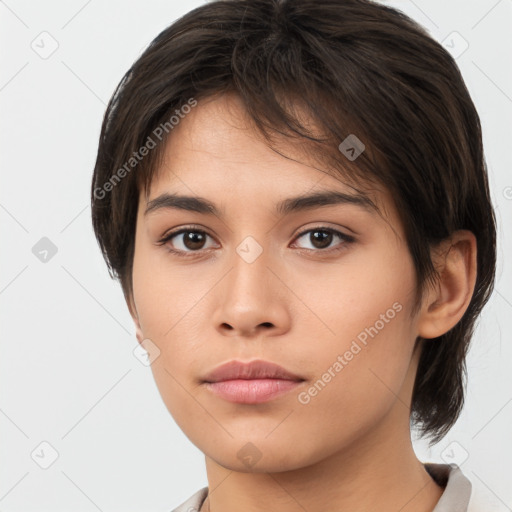 Neutral asian young-adult female with medium  brown hair and brown eyes