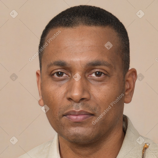 Neutral black adult male with short  black hair and brown eyes