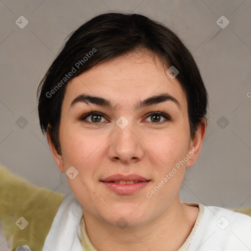 Joyful white young-adult female with short  brown hair and brown eyes