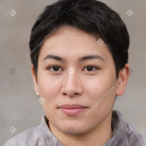 Joyful asian young-adult female with short  brown hair and brown eyes