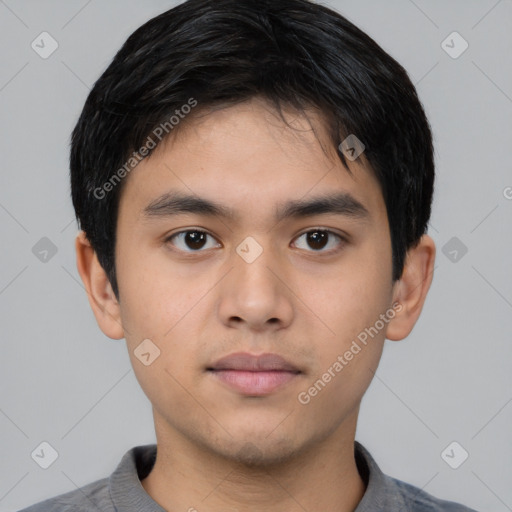 Neutral asian young-adult male with short  black hair and brown eyes