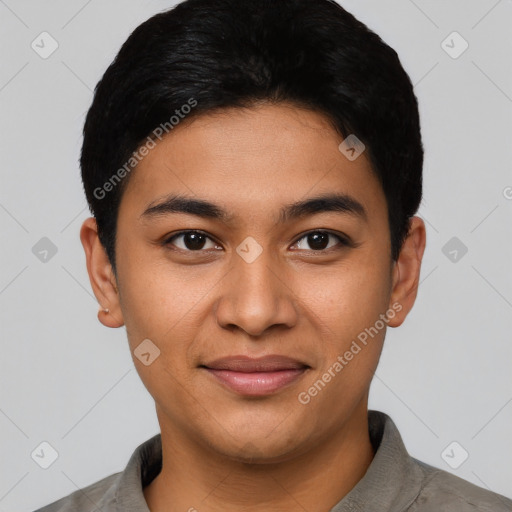 Joyful asian young-adult male with short  black hair and brown eyes