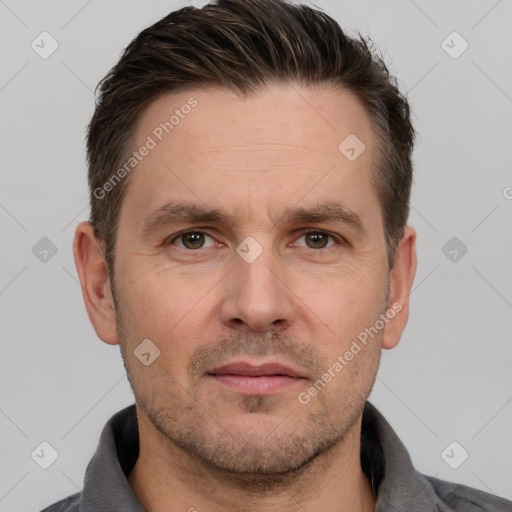 Neutral white adult male with short  brown hair and brown eyes