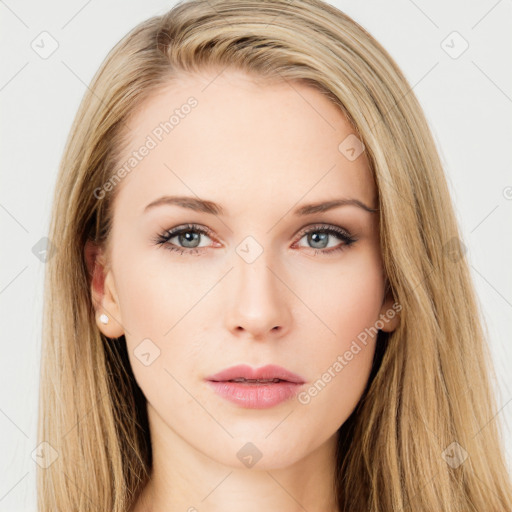 Neutral white young-adult female with long  brown hair and brown eyes