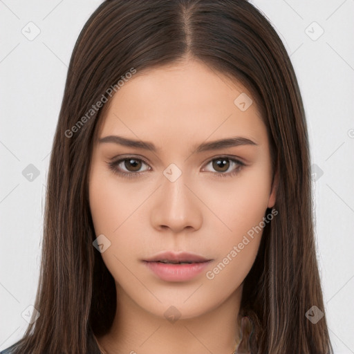 Neutral white young-adult female with long  brown hair and brown eyes