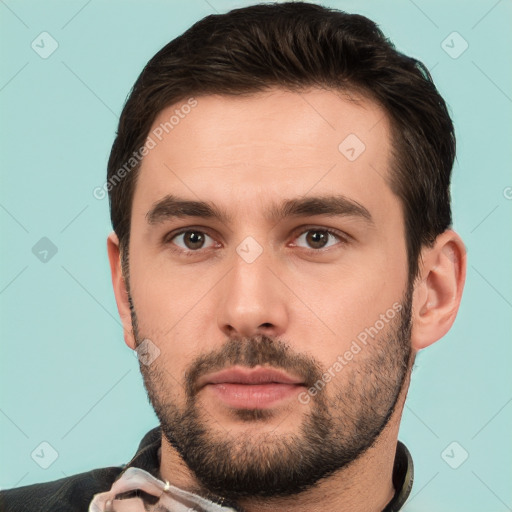 Neutral white young-adult male with short  brown hair and brown eyes