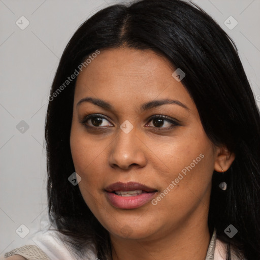 Joyful asian young-adult female with medium  black hair and brown eyes