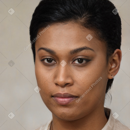 Neutral black young-adult female with short  brown hair and brown eyes