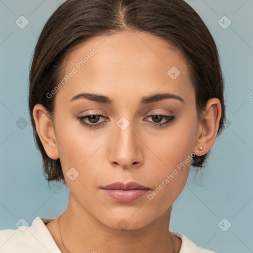 Neutral white young-adult female with medium  brown hair and brown eyes