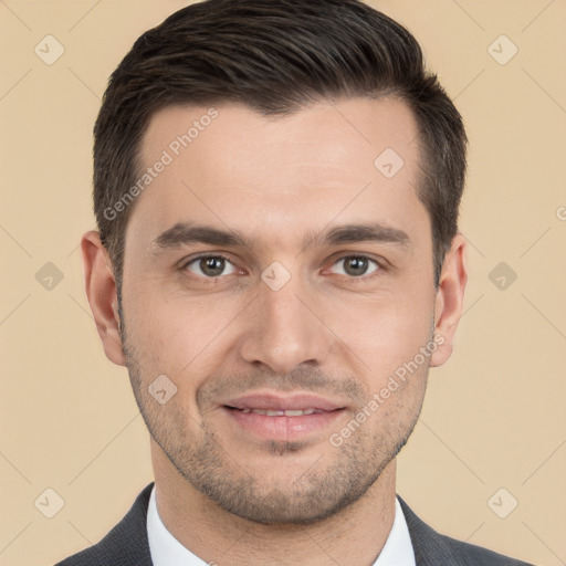 Joyful white young-adult male with short  brown hair and brown eyes