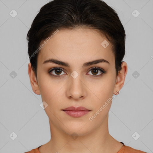 Neutral white young-adult female with short  brown hair and brown eyes