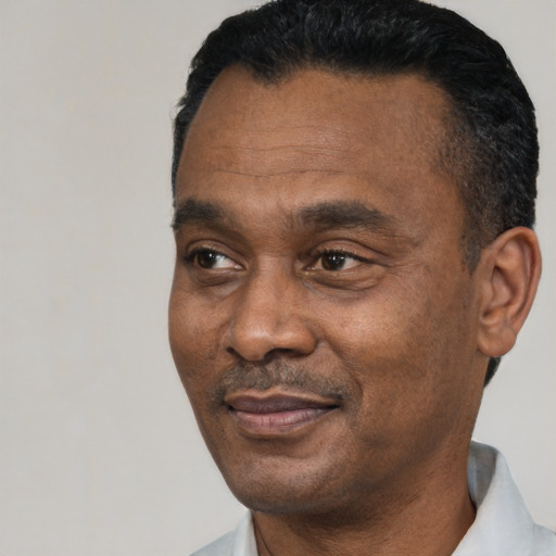 Joyful black adult male with short  black hair and brown eyes