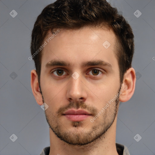 Neutral white young-adult male with short  brown hair and brown eyes