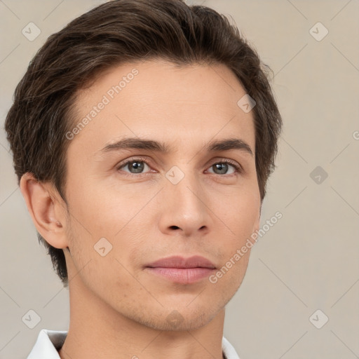 Neutral white young-adult male with short  brown hair and brown eyes