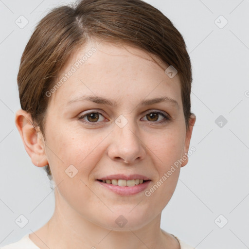 Joyful white young-adult female with short  brown hair and brown eyes