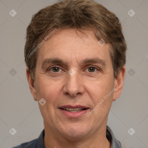 Joyful white middle-aged male with short  brown hair and brown eyes