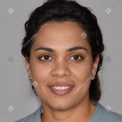 Joyful latino young-adult female with medium  black hair and brown eyes