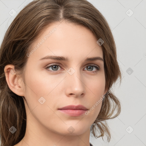 Neutral white young-adult female with medium  brown hair and grey eyes