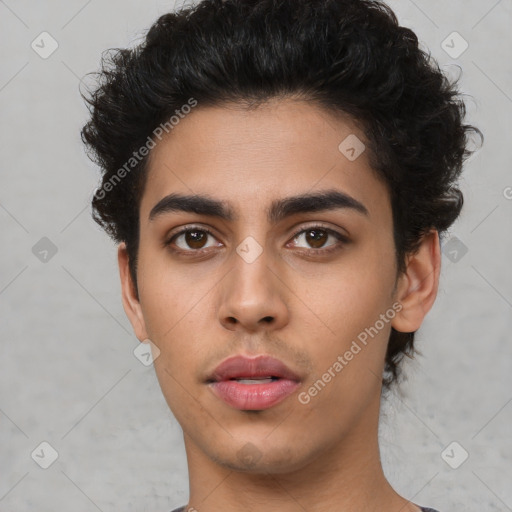 Neutral latino young-adult male with short  black hair and brown eyes