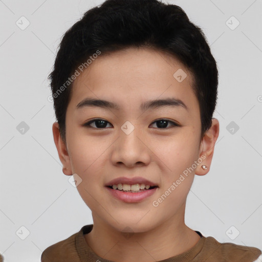 Joyful asian young-adult female with short  brown hair and brown eyes