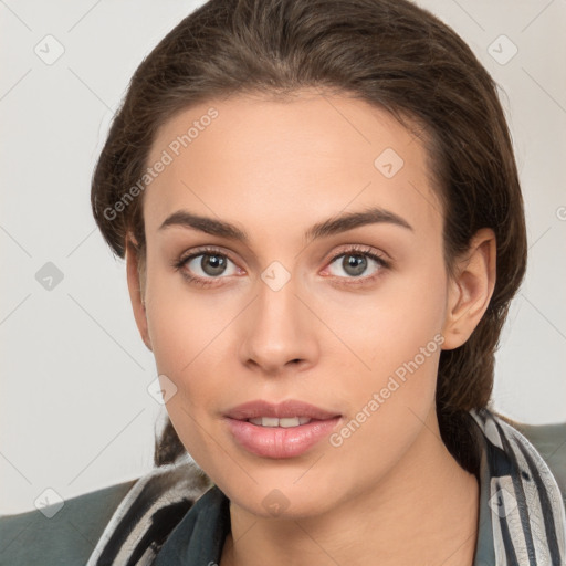 Neutral white young-adult female with medium  brown hair and brown eyes