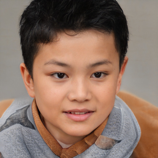 Joyful asian child male with short  brown hair and brown eyes