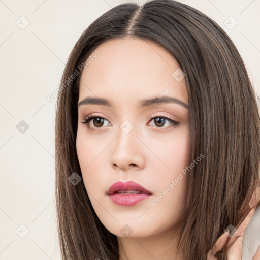 Neutral white young-adult female with long  brown hair and brown eyes