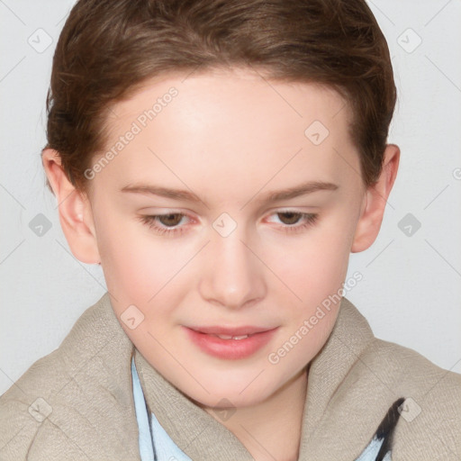 Joyful white young-adult female with short  brown hair and blue eyes