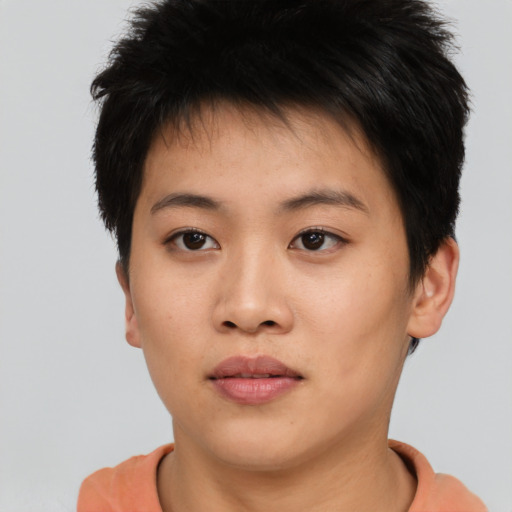 Neutral asian young-adult female with short  brown hair and brown eyes
