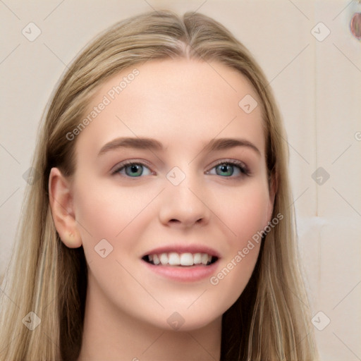 Joyful white young-adult female with long  brown hair and grey eyes