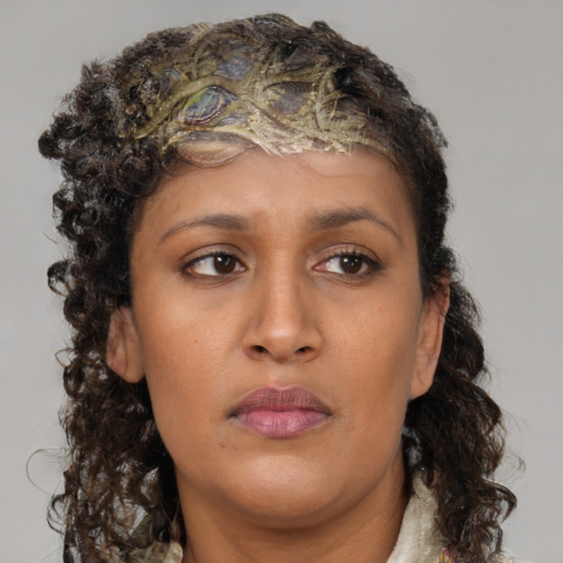 Neutral black young-adult female with medium  brown hair and brown eyes