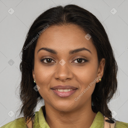 Joyful black young-adult female with medium  brown hair and brown eyes