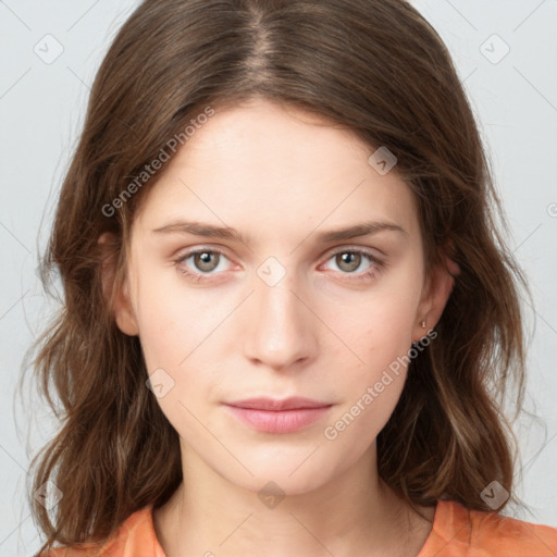 Neutral white young-adult female with medium  brown hair and grey eyes