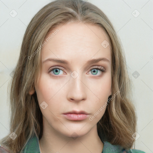 Neutral white young-adult female with long  brown hair and blue eyes