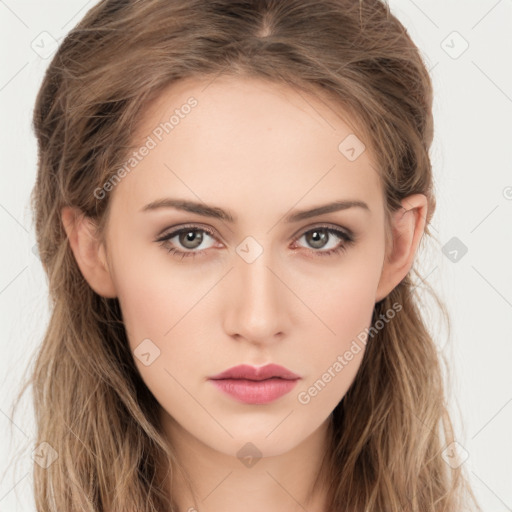 Neutral white young-adult female with long  brown hair and brown eyes