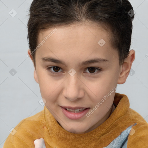 Joyful white child female with short  brown hair and brown eyes