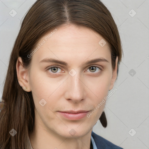 Neutral white young-adult female with long  brown hair and grey eyes