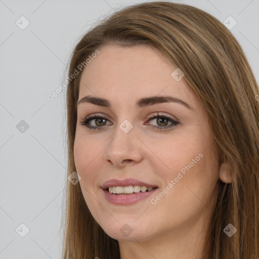 Joyful white young-adult female with long  brown hair and brown eyes