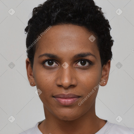 Neutral black young-adult female with short  black hair and brown eyes