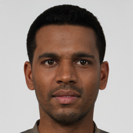 Neutral black young-adult male with short  black hair and brown eyes