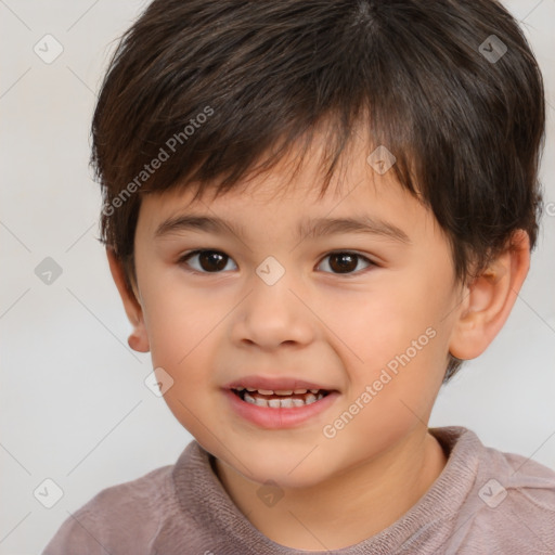 Joyful white child male with short  brown hair and brown eyes