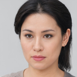 Neutral asian young-adult female with medium  brown hair and brown eyes