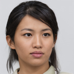 Neutral asian young-adult female with medium  brown hair and brown eyes