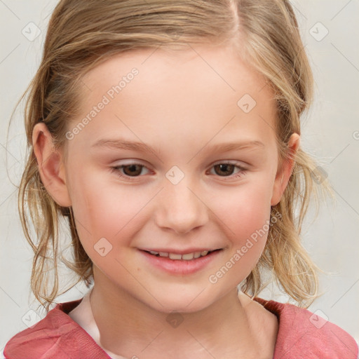 Joyful white child female with medium  brown hair and grey eyes