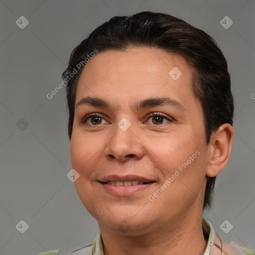 Joyful white adult female with short  brown hair and brown eyes