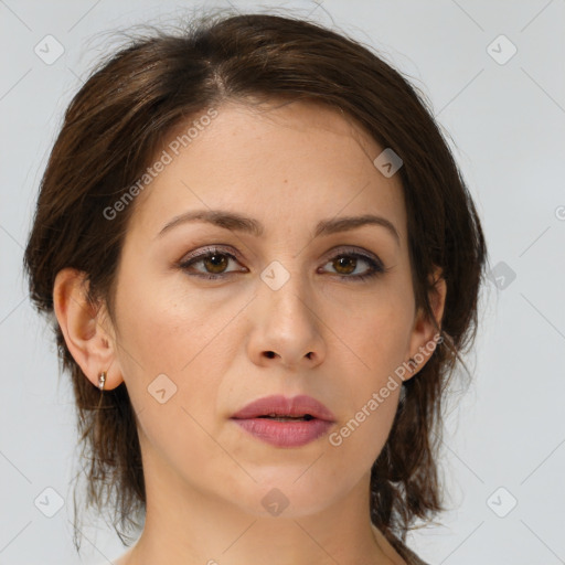 Neutral white young-adult female with medium  brown hair and brown eyes