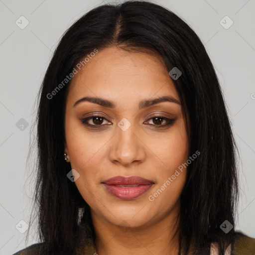 Joyful latino young-adult female with long  brown hair and brown eyes