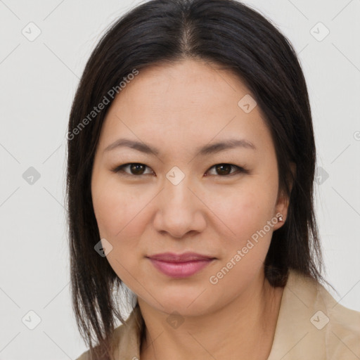 Joyful asian young-adult female with long  brown hair and brown eyes