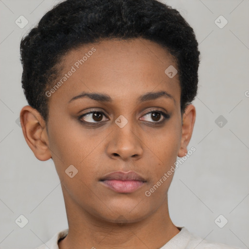 Neutral black young-adult female with short  brown hair and brown eyes